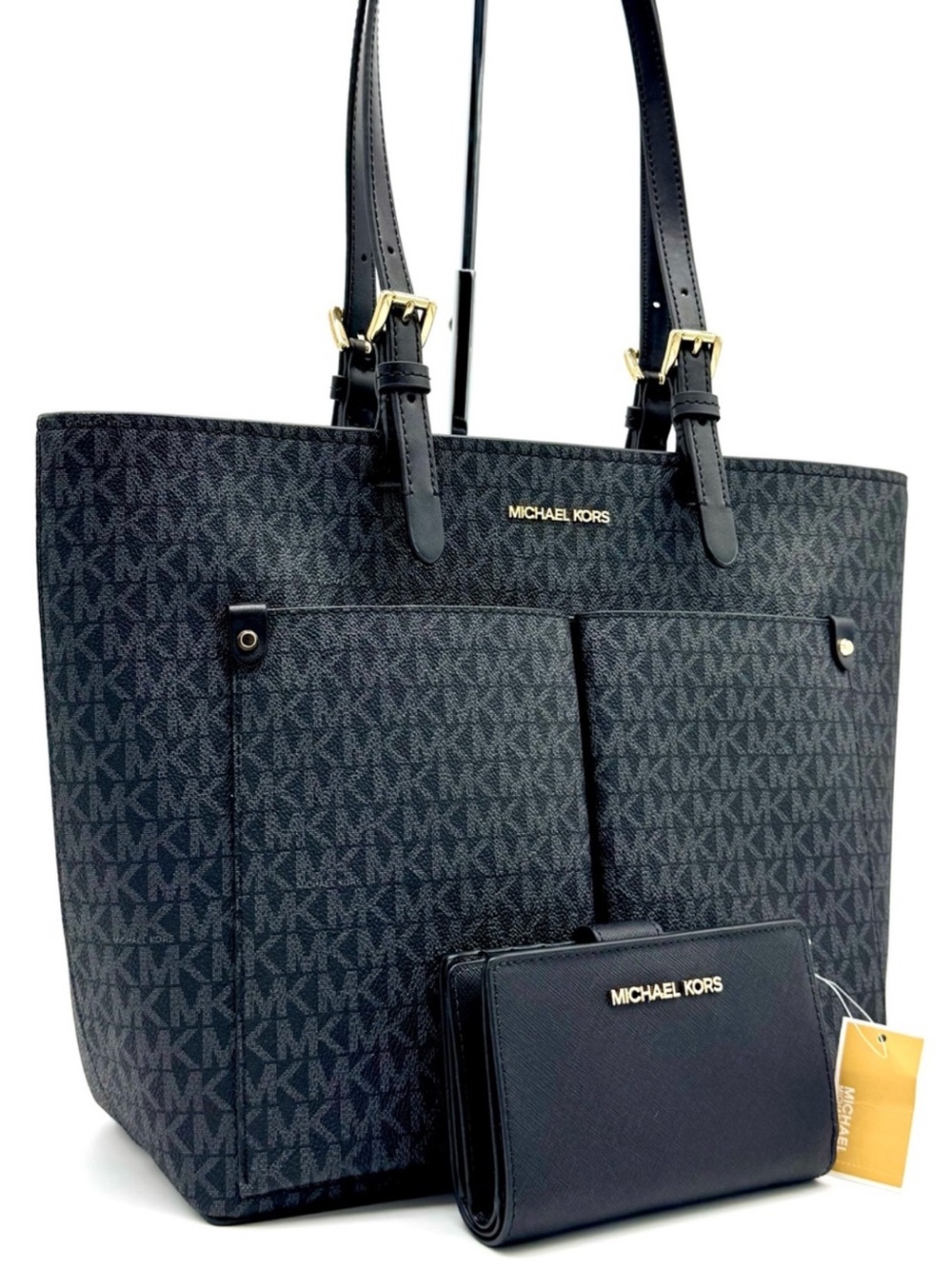 Michael Kors Jet Set Medium Pocket Tote Bag & Matching Bifold Wallet Black